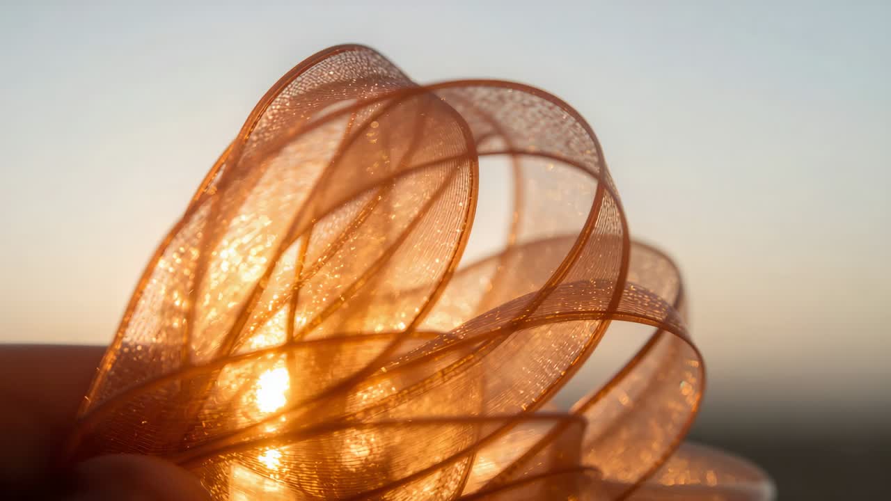 Shifting camera focusing on sheer looped ribbon at flat horizon, sun backlight drawing focus