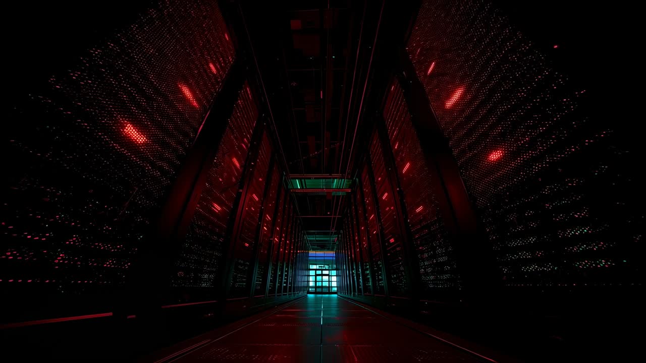 Recording rack-lined server aisle showing pulsing red LEDs reflecting on glossy floor, blue doorway