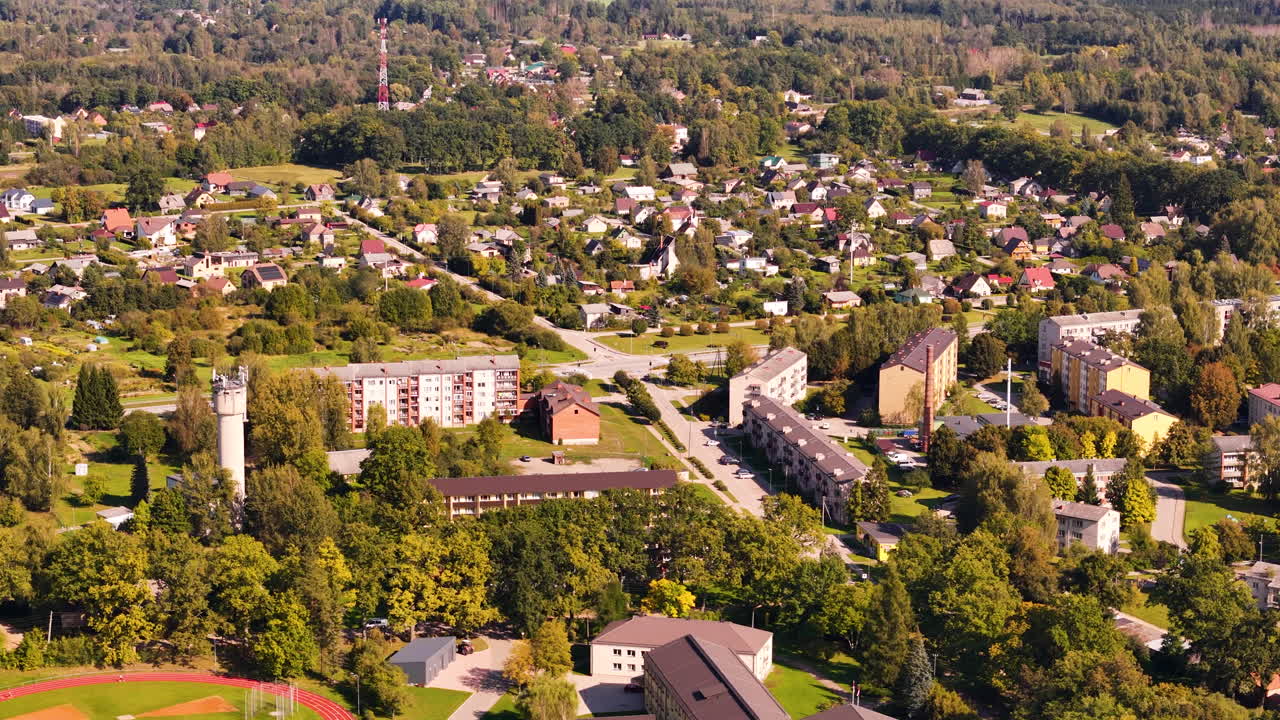 Latvian urban town of Koknese at sunset. Aerial view