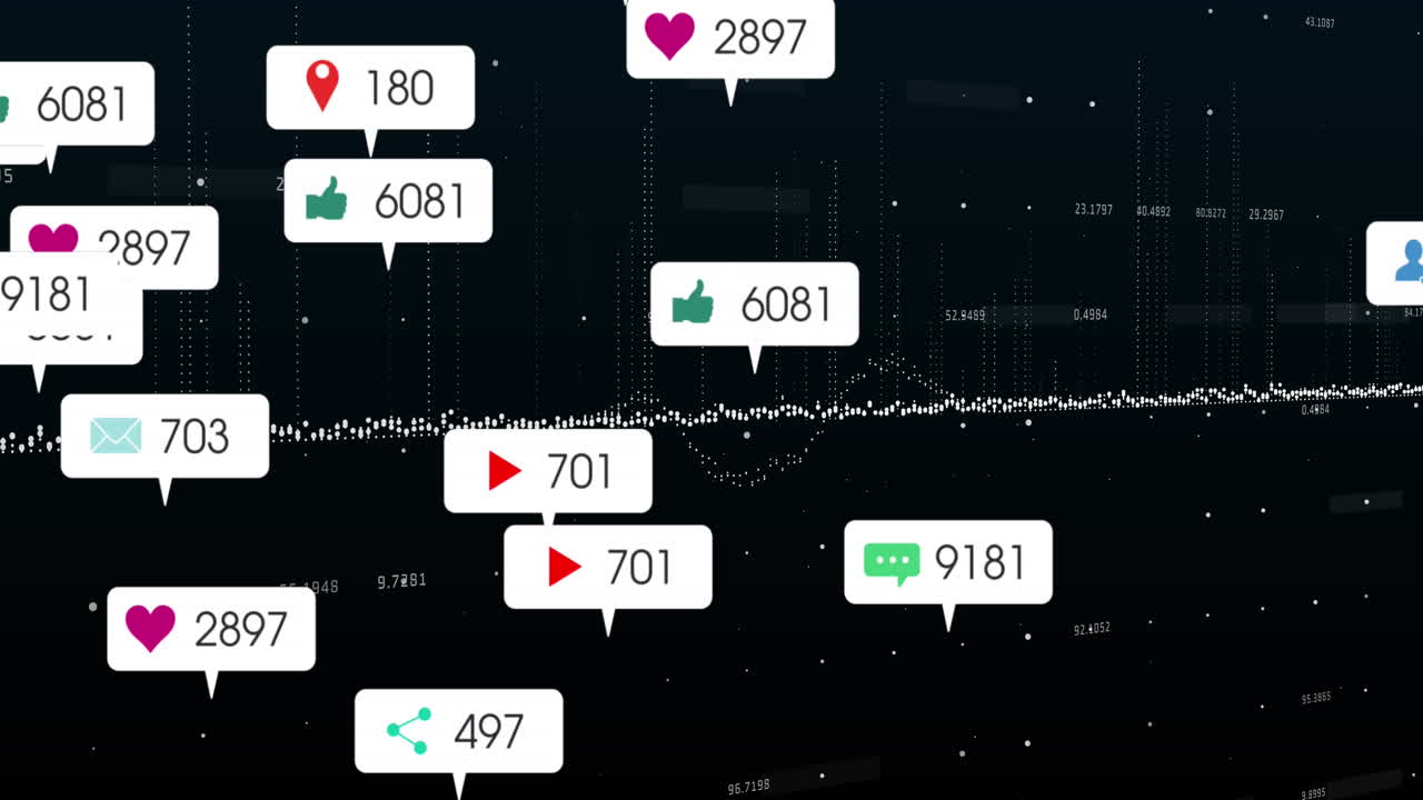 검은색 배경에 대한 데이터 처리 위에 떠다니는 소셜 미디어 아이콘의 애니메이션