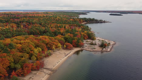 view from top of the bay with clear water along the fall colored forest of autumn , provincial park canada