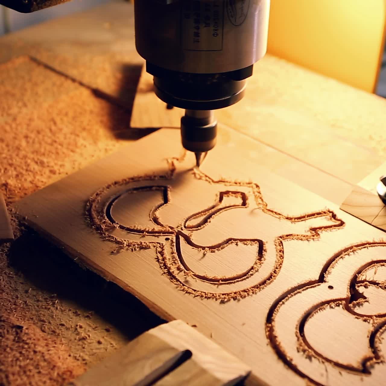el taladro cnc está perforando en la tabla de madera