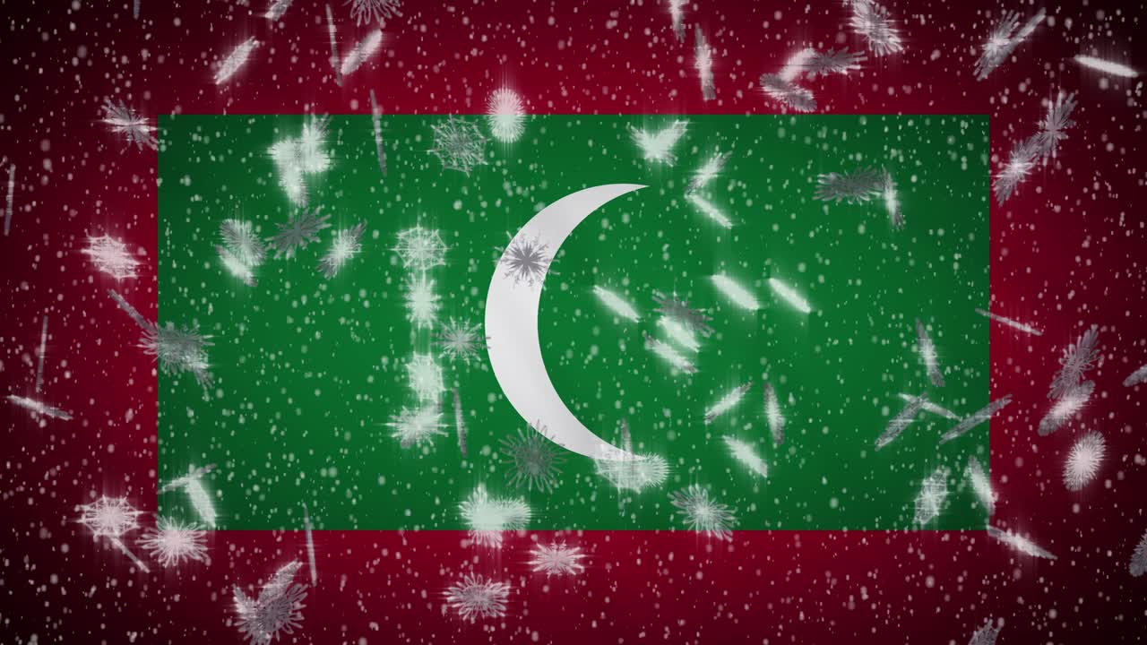 Maldivler bayrağı, düşen kar efektiyle döngülü. Yeni Yıl ve Noel arka planı, döngü.
