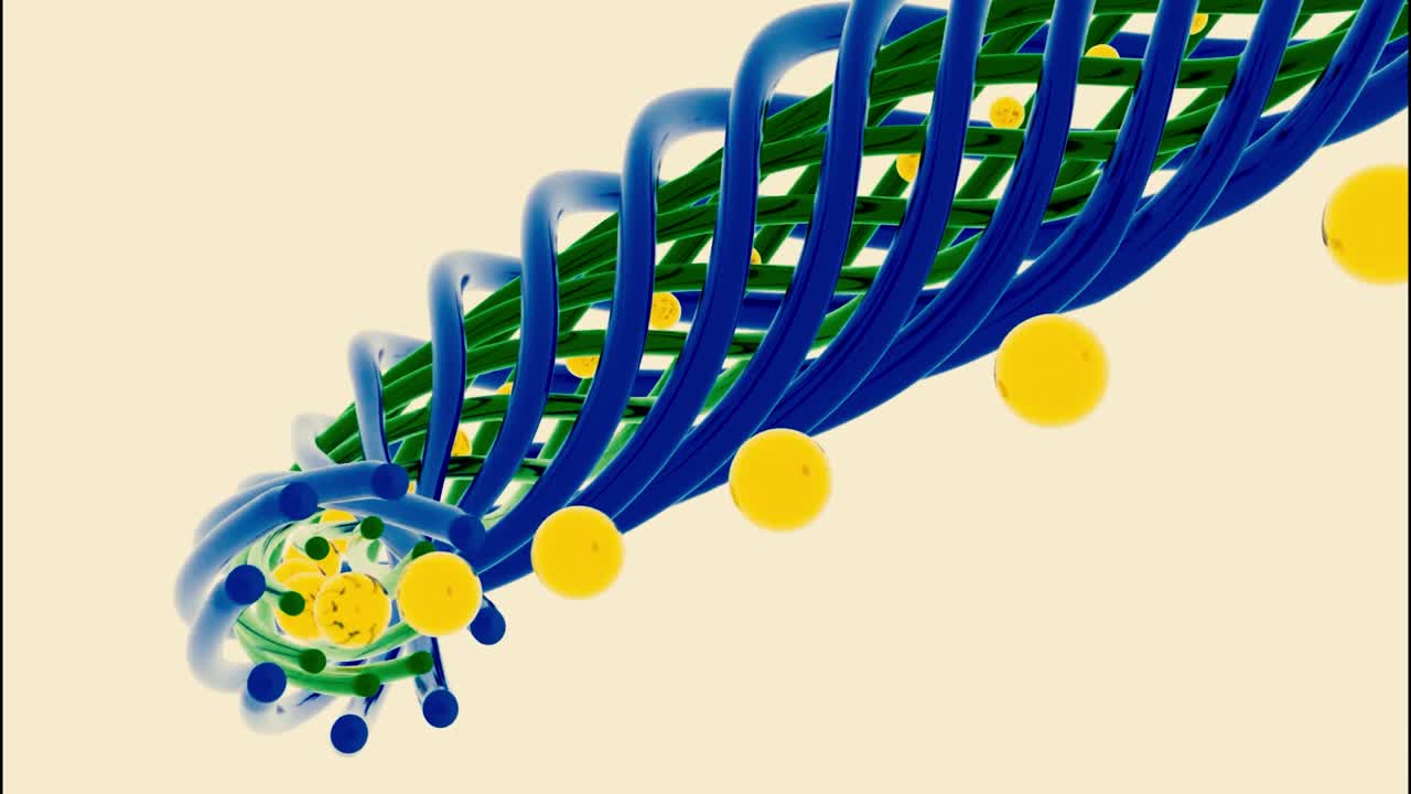 추상적인 움직이는 나선형 물체, 색 배경에 고립된 디자인, 은 선이 튜브를 형성하고 내부에 날아다니는 구가 있습니다.