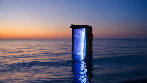 glowing blue portal door in the ocean at sunset