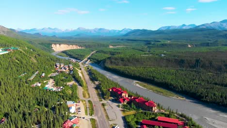 4k drone video of denali park village along the nenana river on the george parks highway alaska route 3 near denali state park, ak