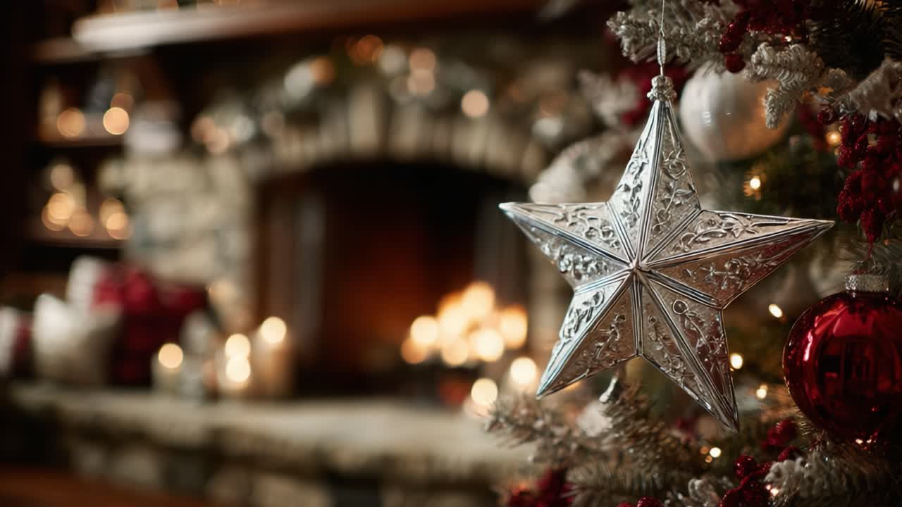 A Festive Hearthside Scene Featuring a Beautiful Silver Star Ornament Adjacent to a Cozy Fireplace Decorated for the Winter Holidays