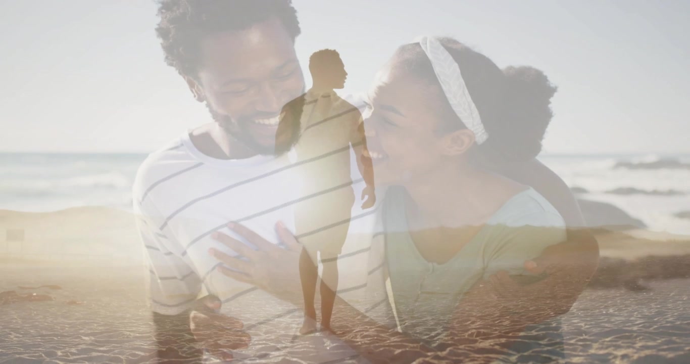 Man walking beach, pausing aligning with transparent couple overlay, evoking memory for marketing