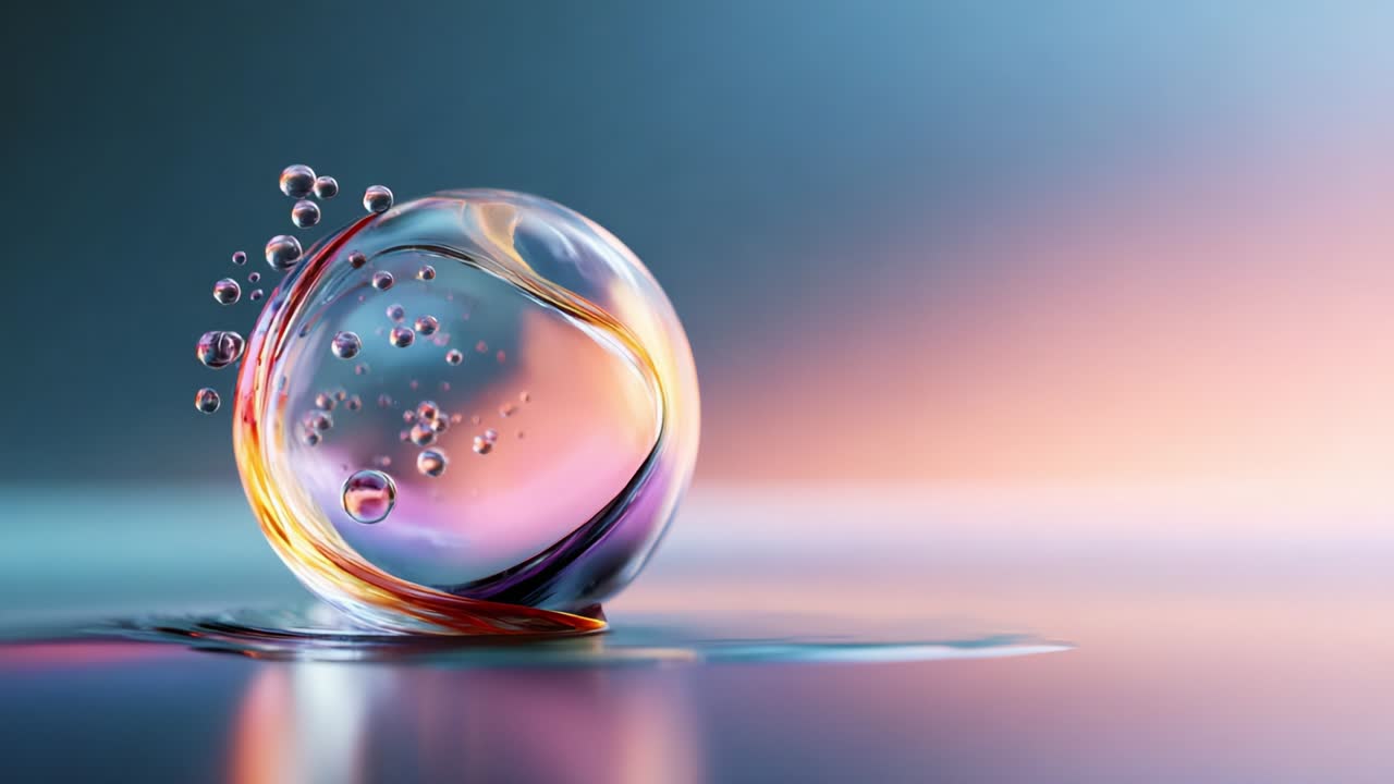 An Artistic 'Liquid Dance': A Colorful Transparent Sphere Surrounded by Bubbles on a Smooth Surface, Capturing the Beauty of Water and Light Interaction in an Abstract Composition