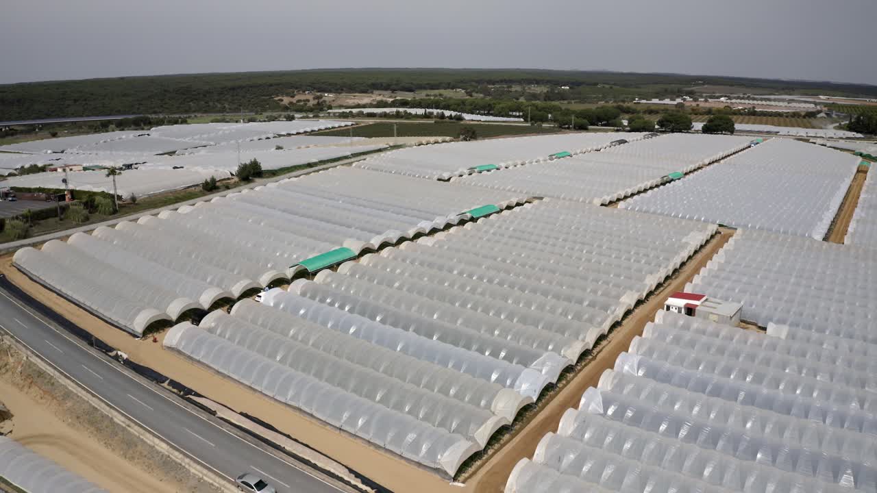 스페인의 대규모 온실 농장의 항공 영상