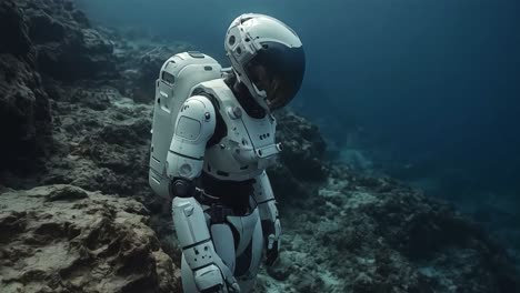 astronaut exploring underwater coral reef