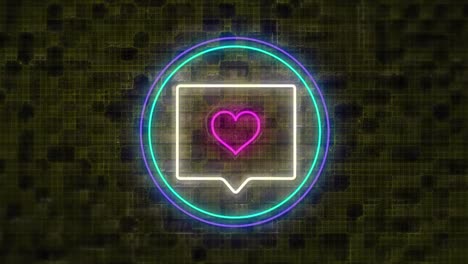 Digitale-Animation-Eines-Neonpinken-Herzens-Im-Nachrichtensymbol-über-Einem-Kreisförmigen-Banner-An-Einer-Ziegelwand