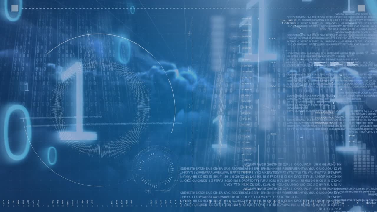 Animation of data processing and media icons over glowing background