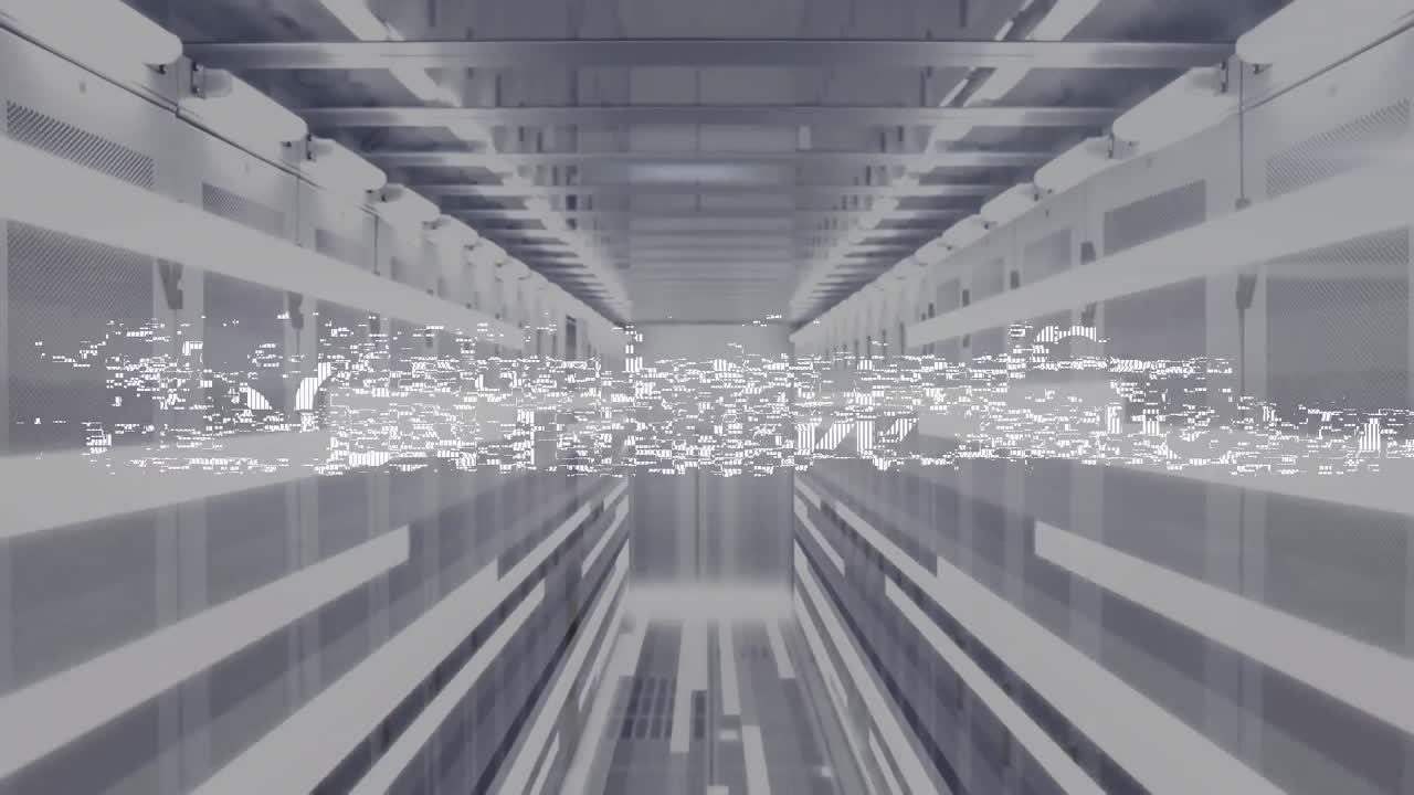 ⁇ 색 텍스트로 새로운 시즌의 애니메이션이 움직이는 미래의 회색 복도를 왜곡합니다.