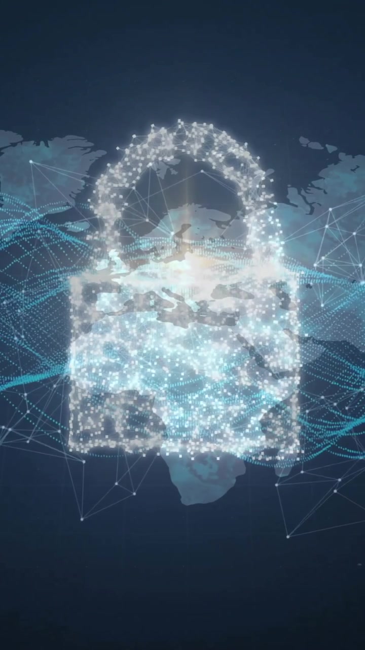 Animation of padlock, digital data processing and world map over dark background