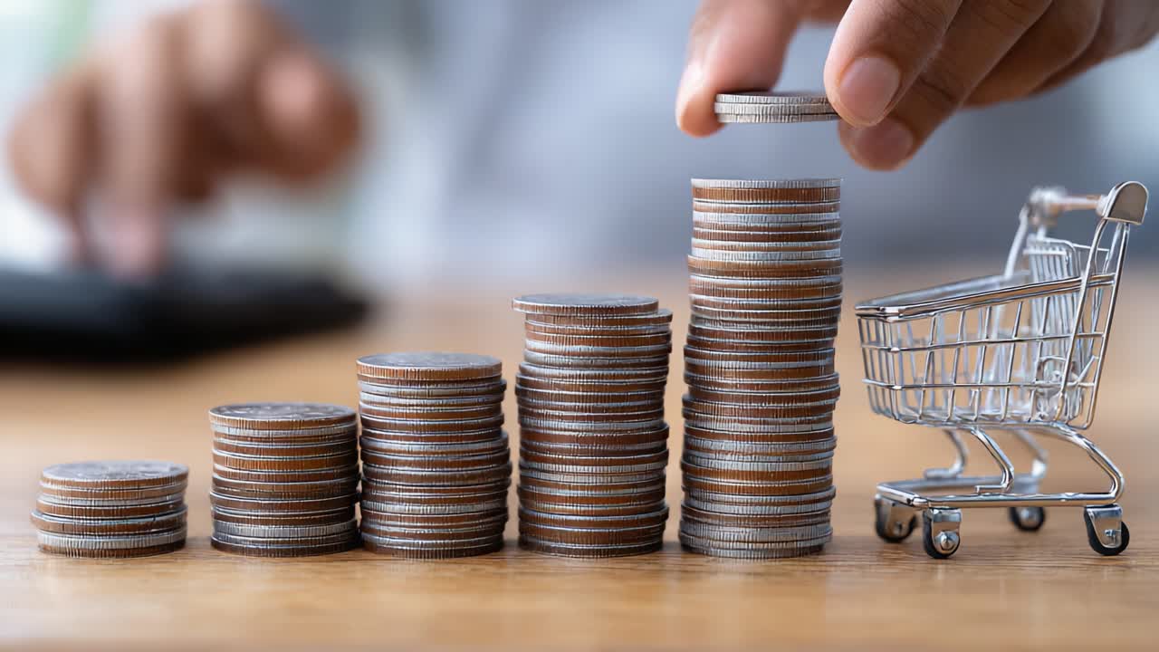 Un viaggio visivo attraverso la crescita finanziaria: monete impilate e un carrello della spesa illustrano strategie di budgeting e risparmio nel mondo della finanza personale.