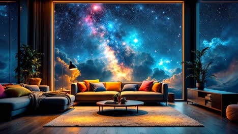 sala de estar moderna con una vista nocturna estrellada