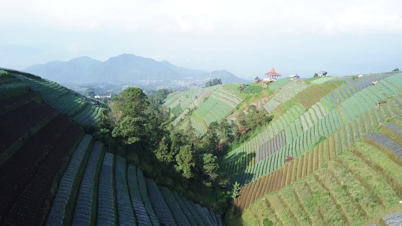 vuelo de drones a través de un valle en el monte suming con las laderas de las montañas y las plantaciones de hortalizas en terrazas