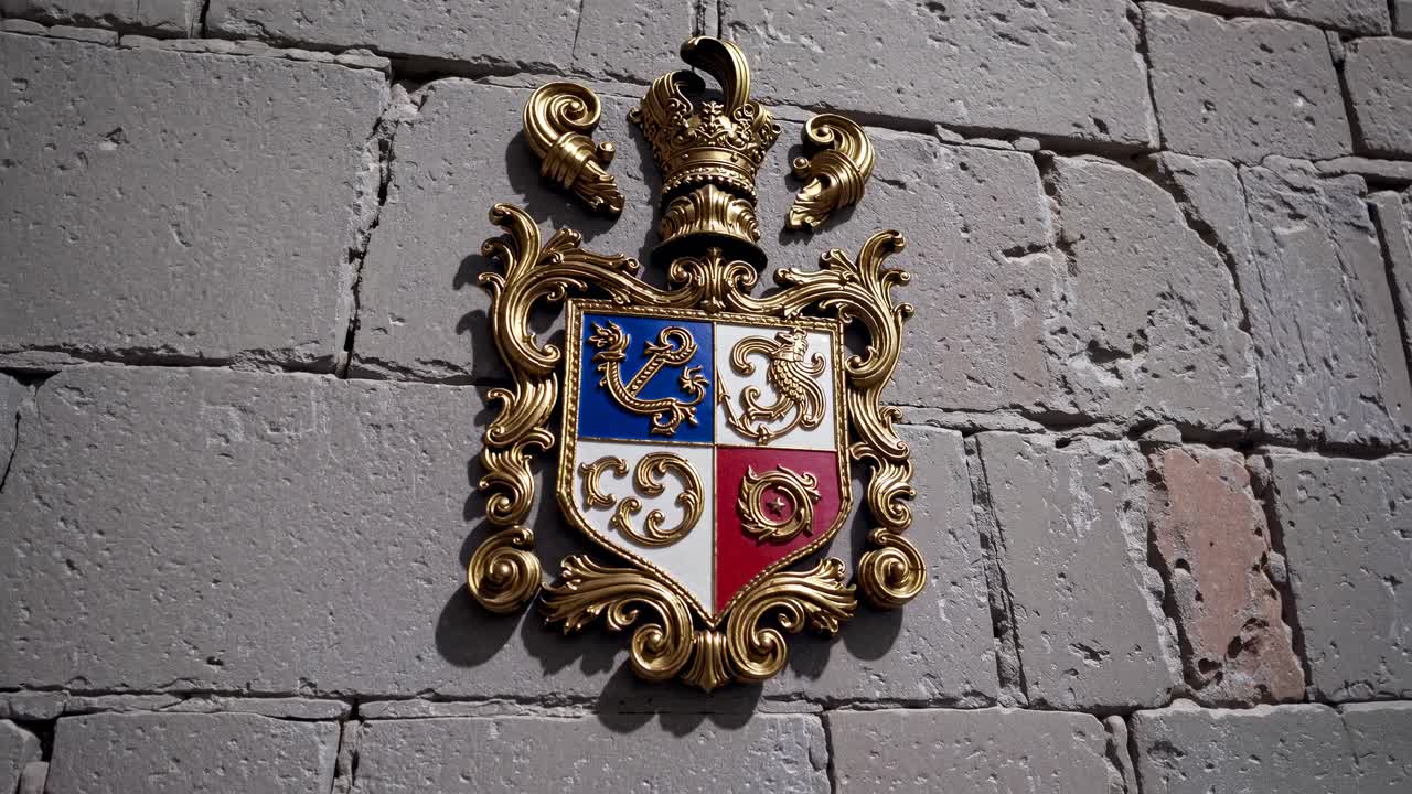 Close-up, angled shot of an ornate, gold coat of arms on a stone wall, ideal for historical