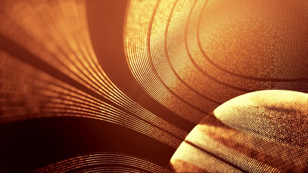 4k 루프 추상적인 배경은 금빛으로 빛나는 입자가 선을 형성하고 사이버 공간이나 홀로그램에서 표면을 형성합니다. 마이크로 월드, 나노 기술 또는 우주 공간의 sf 테마.