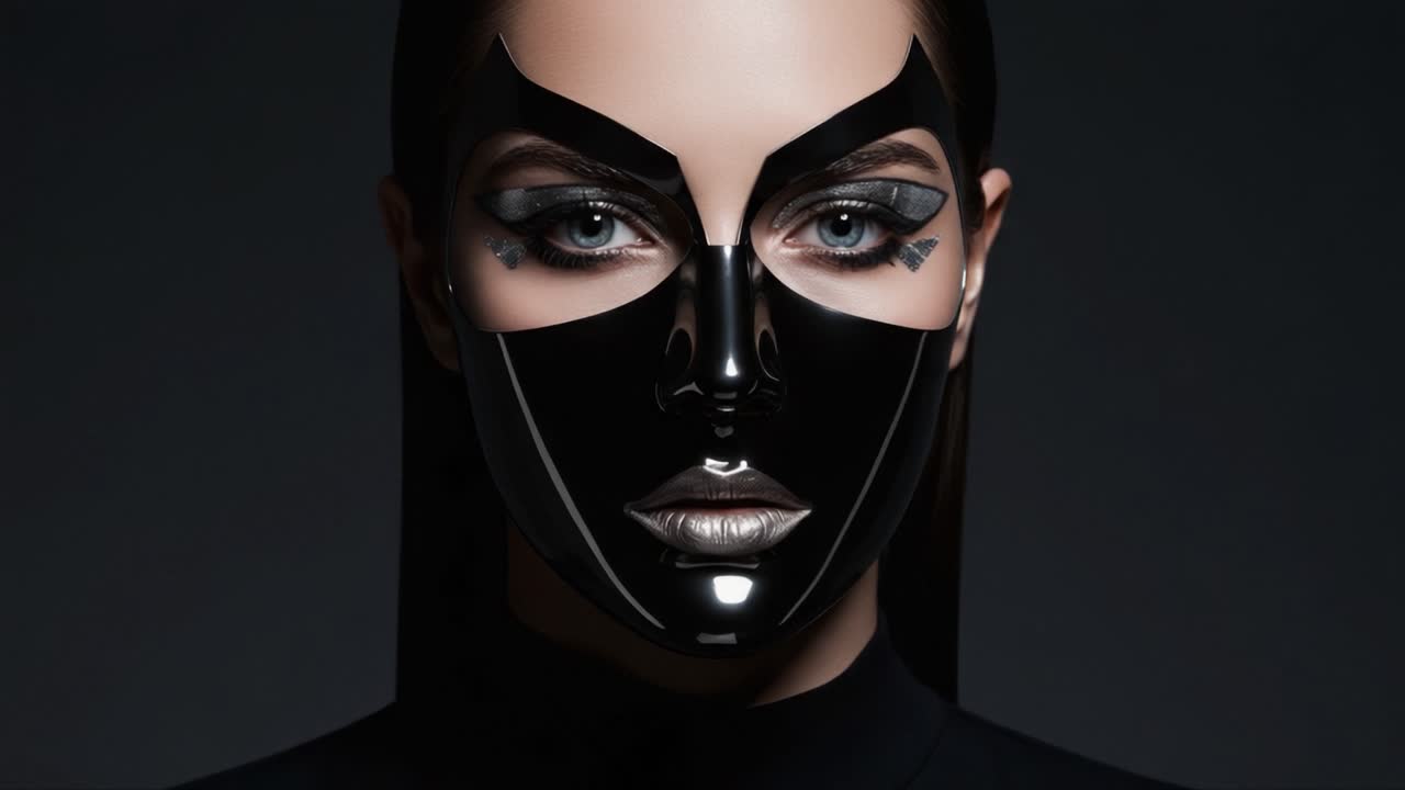 Retrato Impactante de uma Modelo com Máscara Preta Futurista e Expressões de Maquiagem Ousadas, Capturado em um Cenário de Estúdio Estiloso