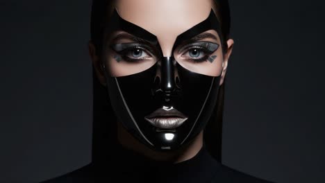 striking portrait of a model with futuristic black mask and bold makeup expressions captured in a stylish studio setting