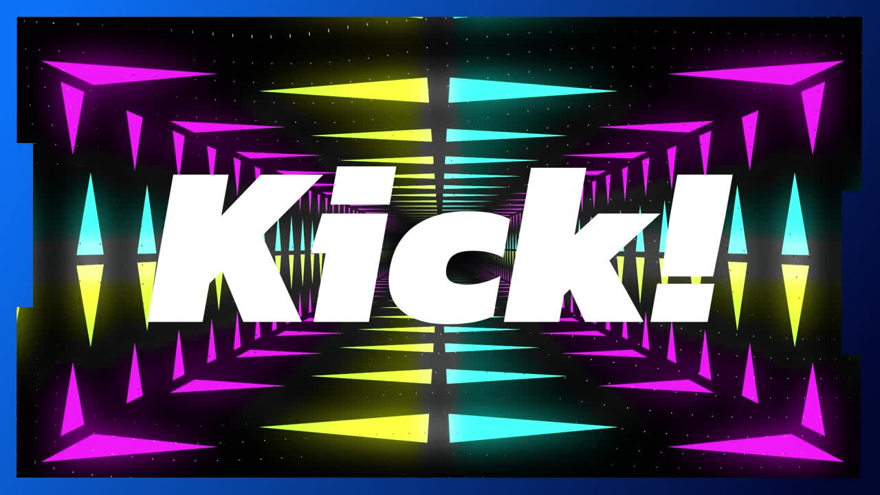 Animation of kick text over colorful geometrical shapes