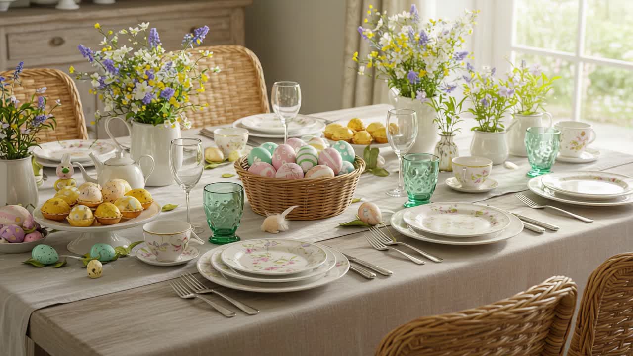 Beautifully Set Table for Spring Celebration with Colorful Eggs and Fresh Flowers in Charming Dining Room Atmosphere