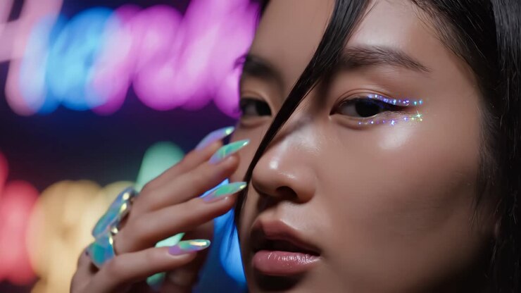 Beauty portrait of woman with iridescent makeup and nails