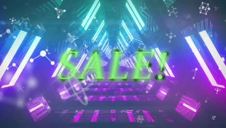 animation of glowing green text sale, withwhiteconnections over colourfully lit triangular tunnel