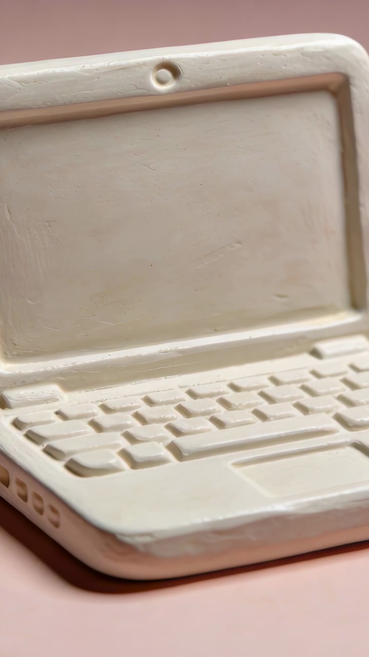 Vertical video: Camera panning over clay laptop, revealing keyboard and webcam for product design