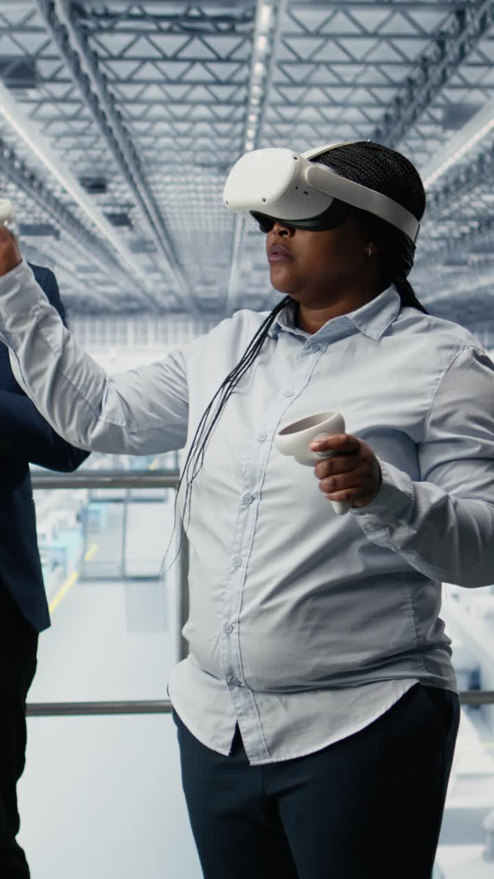 Vertical video Using VR headset gear, microchip and woman reviewing factory equipment