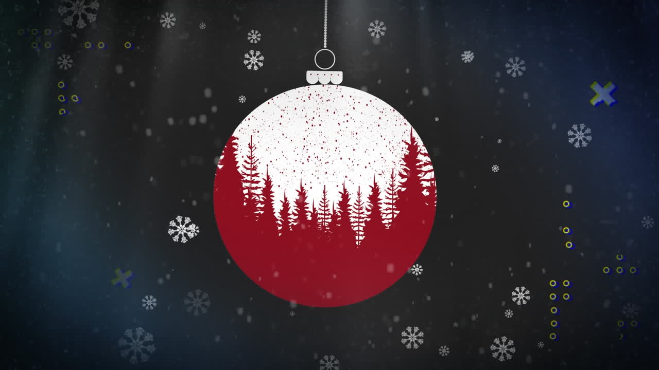 formas abstractas y copos de nieve cayendo sobre adornos colgando decoración contra un fondo azul