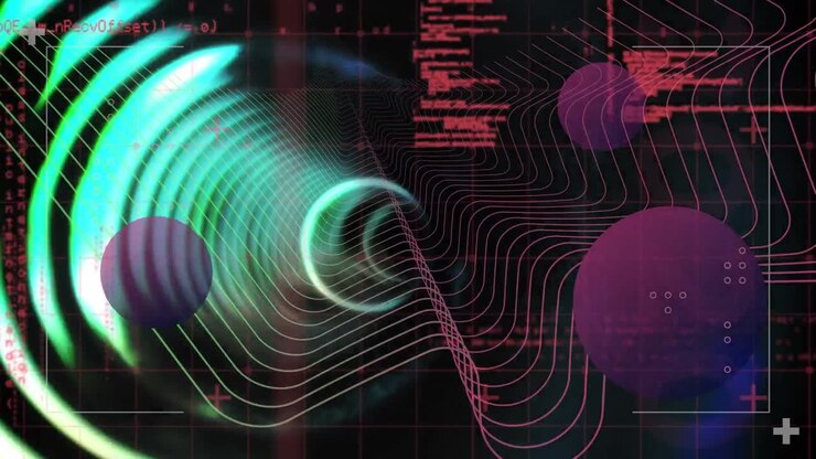 Animation of neon waves and circle over data processing on black background