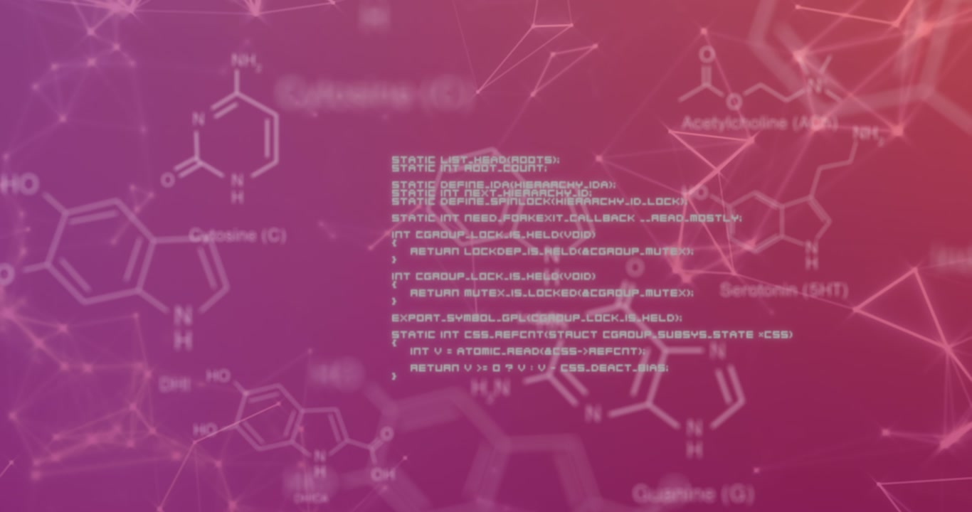 Animation of chemical formula with data processing over network of connections on purple background