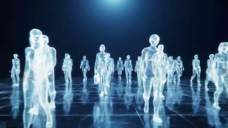 a mesmerizing visualization of translucent, holographic figures walking through a digital landscape, showcasing the fusion of technology and human-like representation in a futuristic setting.