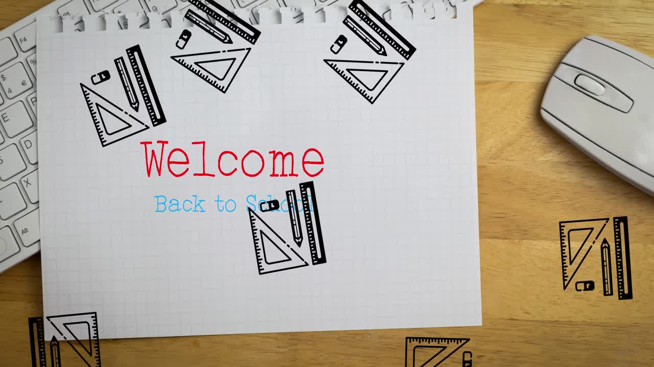 책상 위의 학교 아이템 아이콘 위에 학교 텍스트의 애니메이션