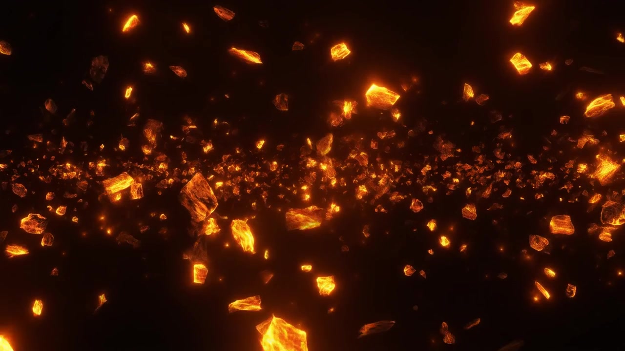 Glowing Molten Rock Fragments Floating in Dark Space