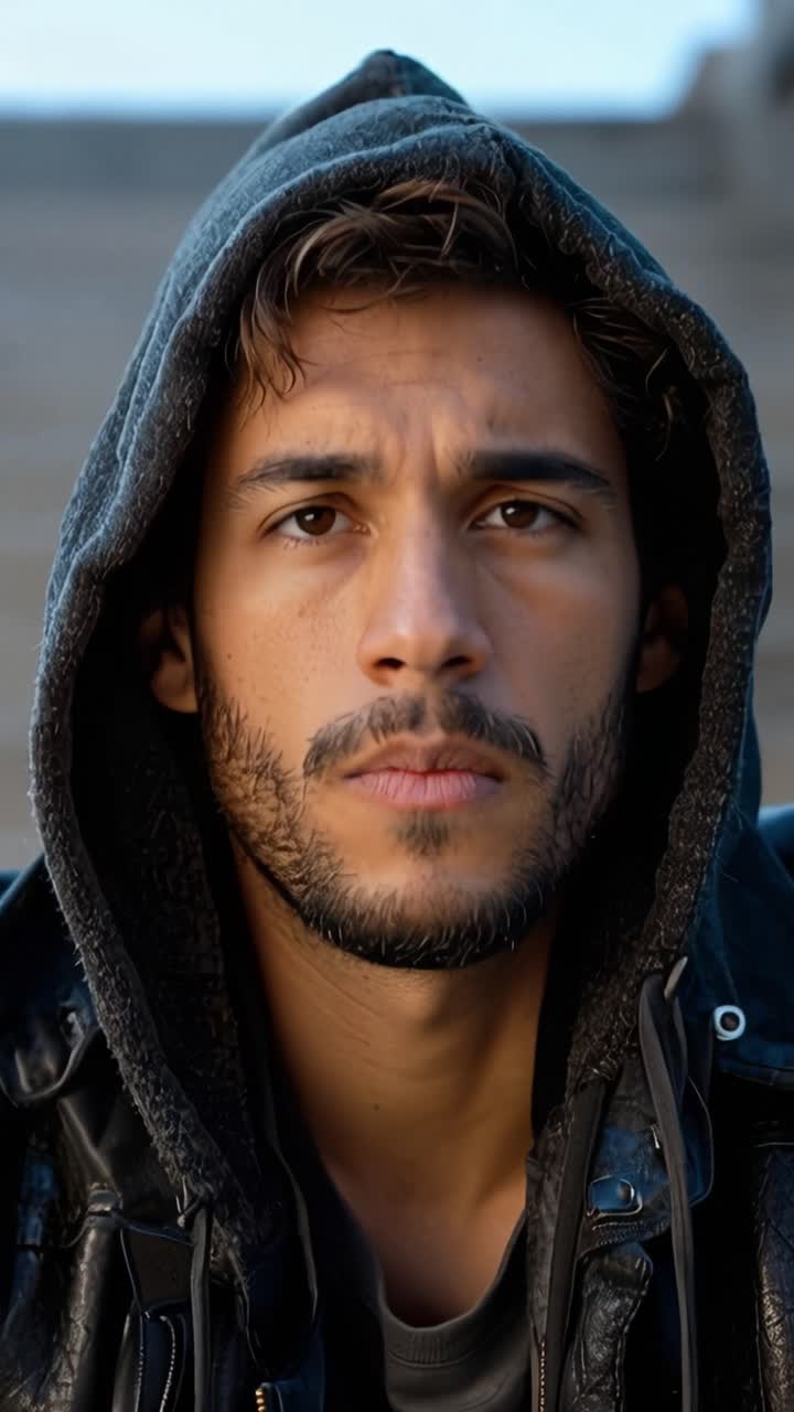 Man wears hoodie, hand on forehead. He looks weary, pensive, distressed. Soft light casts shadows across his face. He stands alone, head bowed slightly. Ideal for scenes of solitude, stress