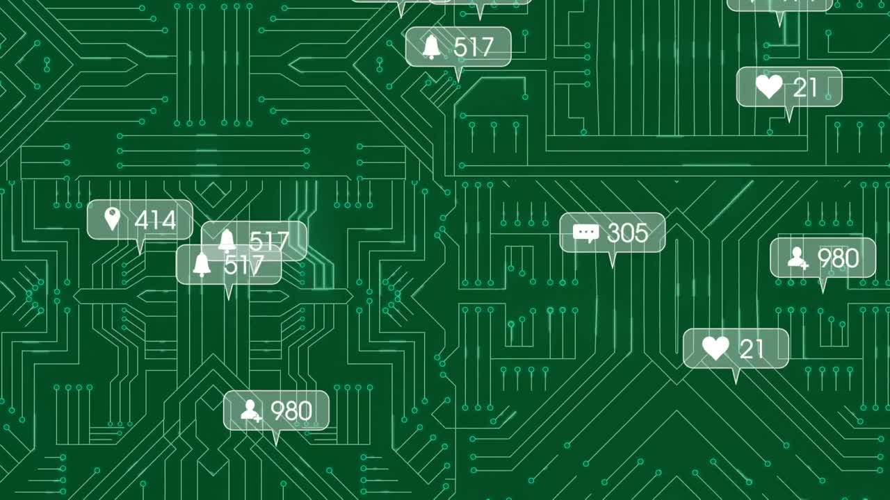 Animation of social media icons with growing numbers over computer circuit board