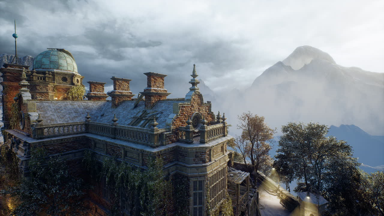 Expansive view of an old mansion in a mountainous landscape during twilight