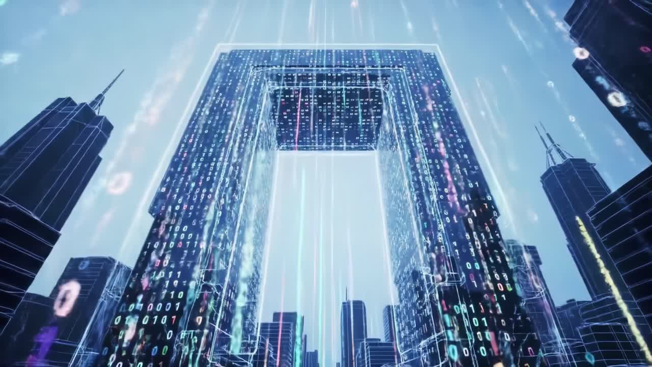 Futuristic Digital Gateway: A Vivid Representation of Data Flow Through a High-Tech Arch Surrounded by Skyscrapers in a Modern Urban Landscape