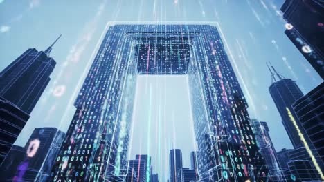 futuristic digital gateway: a vivid representation of data flow through a high-tech arch surrounded by skyscrapers in a modern urban landscape
