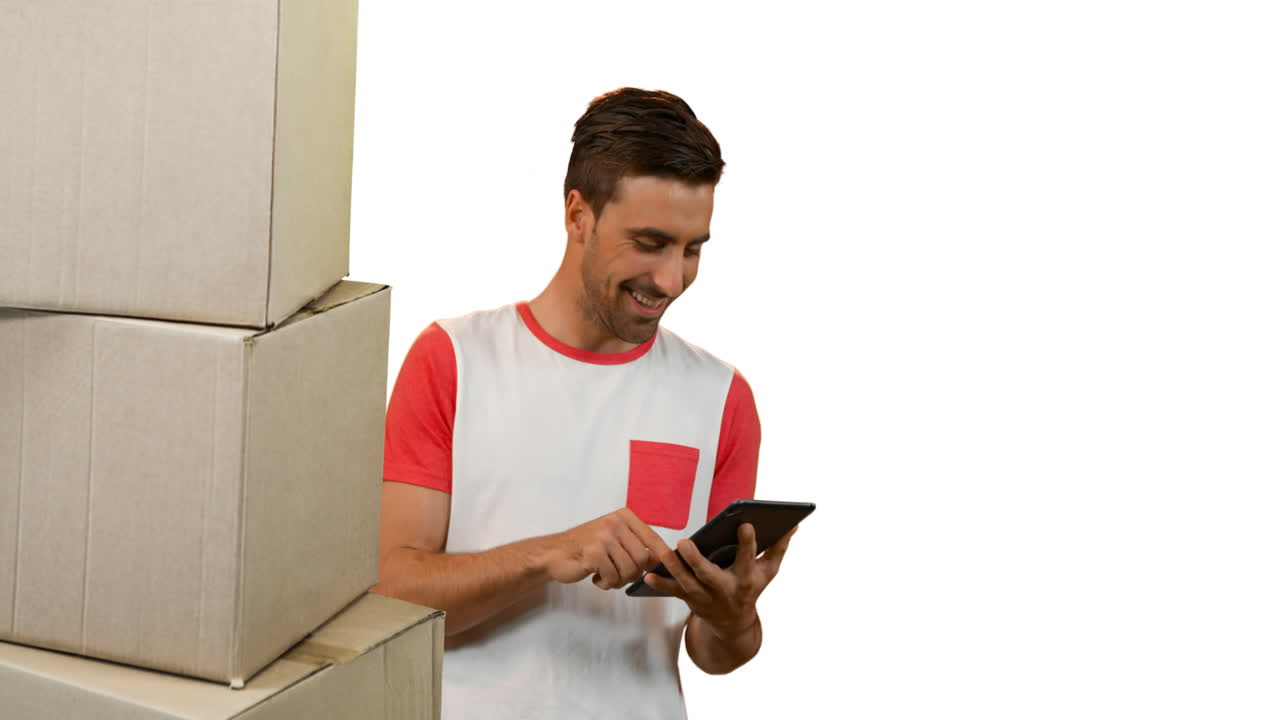 animación de un hombre usando una tableta con pilas de cajas sobre un fondo blanco
