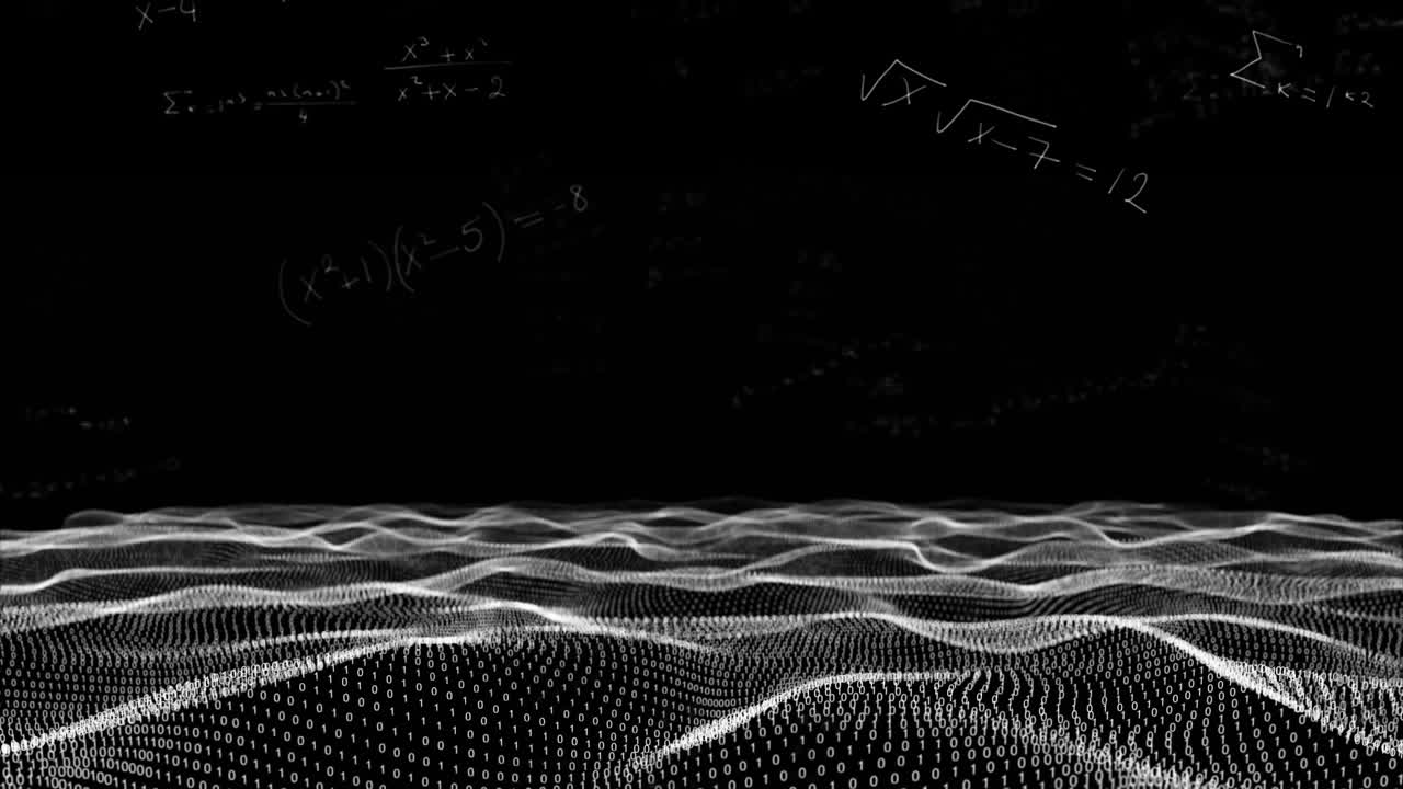 Mathematical equations floating against digital waves on black background