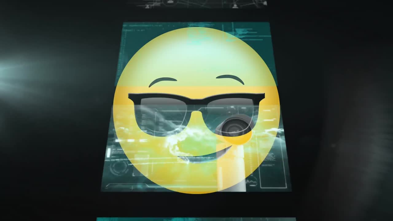 Animation of sunglasses emoji icon over moving screens on black background