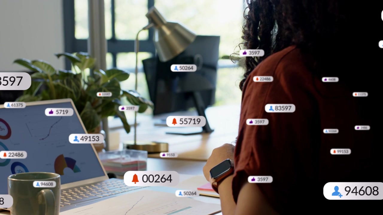 Woman reviewing charts reaching phone, sparking numeric bubbles around her and laptop for finance