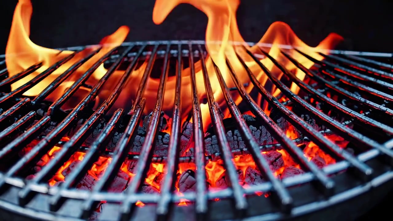 Primo piano di carboni ardenti e fiamme su una griglia per barbecue