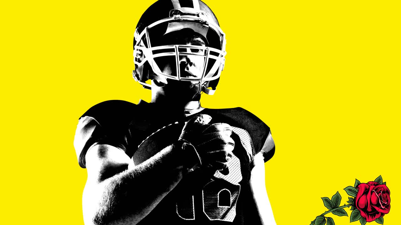 Animazione di rose rosse che cadono su un giocatore di football americano in bianco e nero, su sfondo giallo