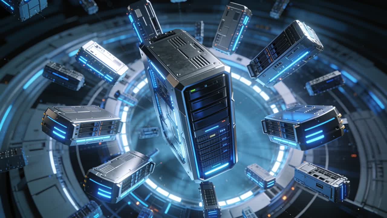 Main server tower hovering above ring orbiting racks aligning and syncing on tech initialization